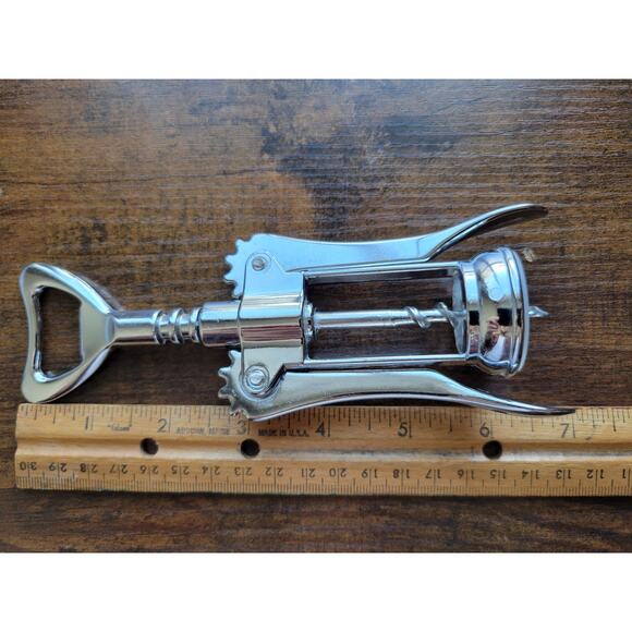 Silver Corkscrew Wine Bottle Opener w/Fins - Push Down - Used - Italy - Picture 10 of 10